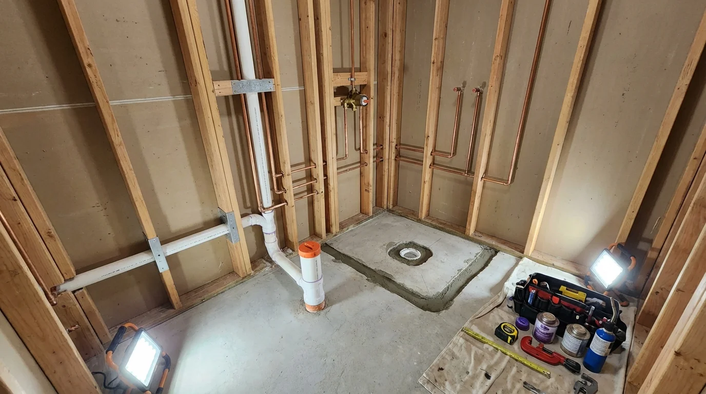 Bathroom rough-in plumbing during remodel by Johns Plumbing LLC in Galena Park