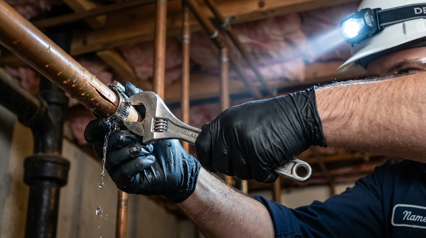 Emergency pipe clamp repair being performed by a Johns Plumbing LLC plumber in Galena Park