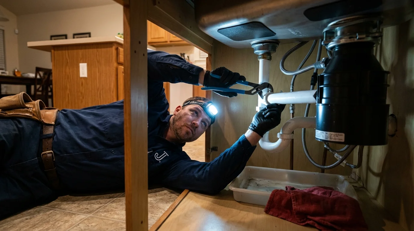 P-trap and supply line connections under a kitchen sink showing a common leak point in Galena Park, TX